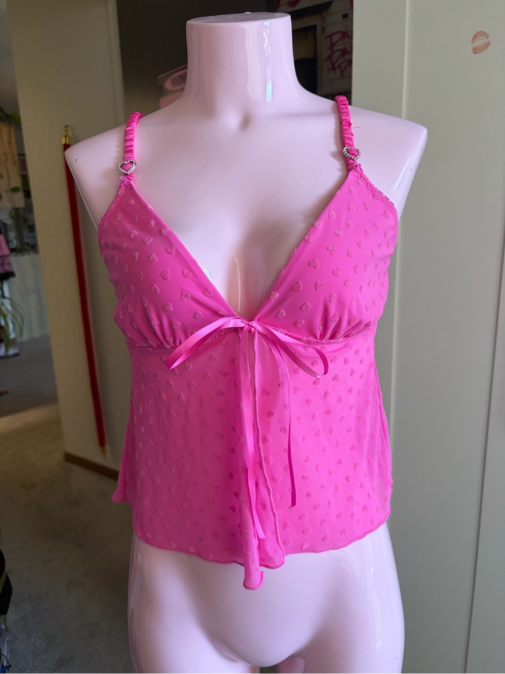 Hot Pink Heart Print Sheer Tie-Front Camisole